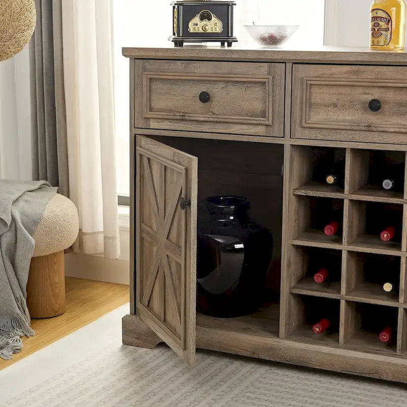 Bahut de buffet de ferme avec rangement, commode avec 2 tiroirs, meuble bar à vin avec étagères de rangement et casiers à vin amovibles