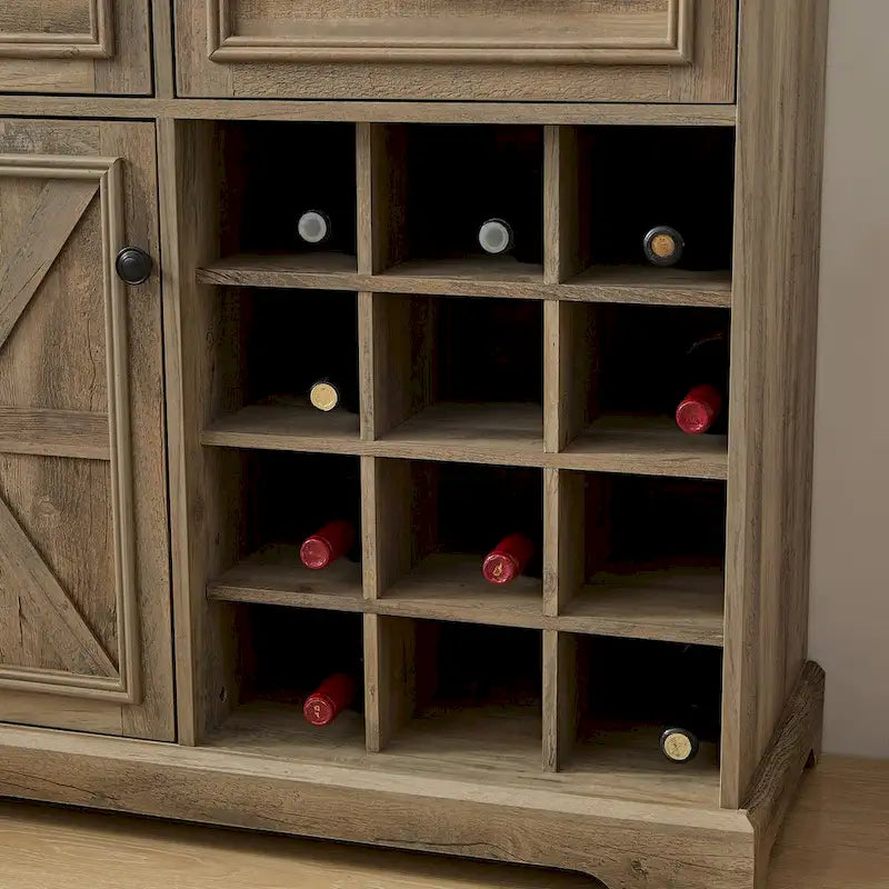 Bahut de buffet de ferme avec rangement, commode avec 2 tiroirs, meuble bar à vin avec étagères de rangement et casiers à vin amovibles