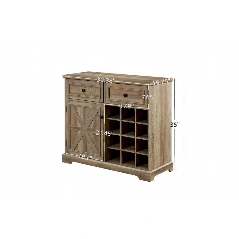 Bahut de buffet de ferme avec rangement, commode avec 2 tiroirs, meuble bar à vin avec étagères de rangement et casiers à vin amovibles