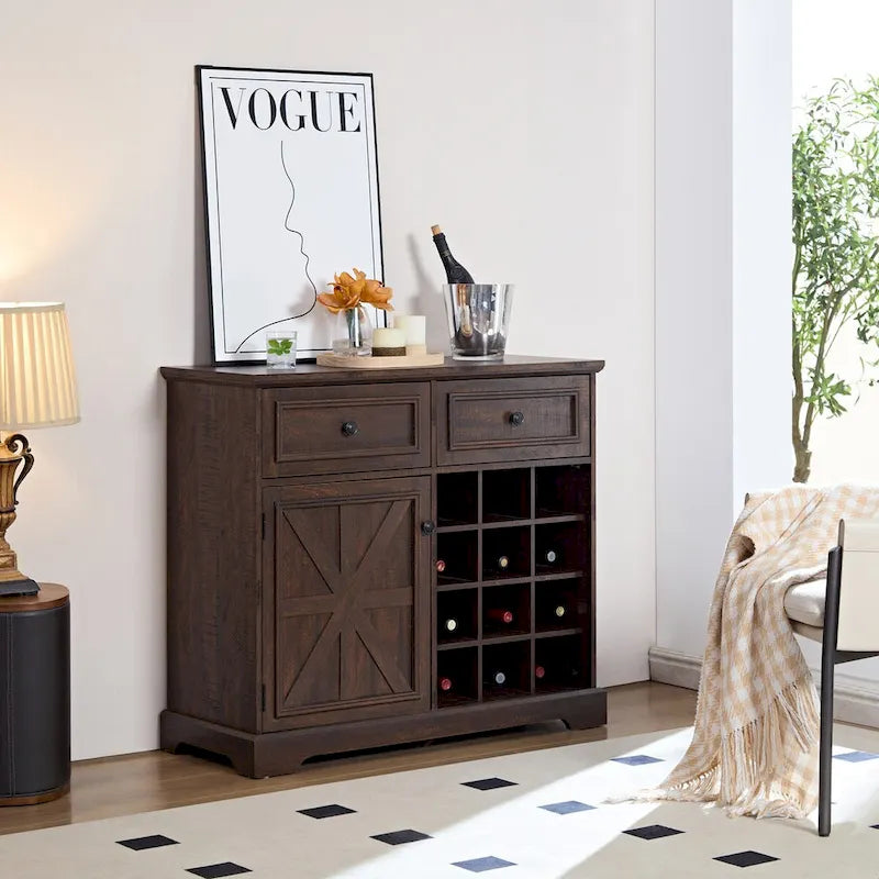 Bahut de buffet de ferme avec rangement, commode avec 2 tiroirs, meuble bar à vin avec étagères de rangement et casiers à vin amovibles
