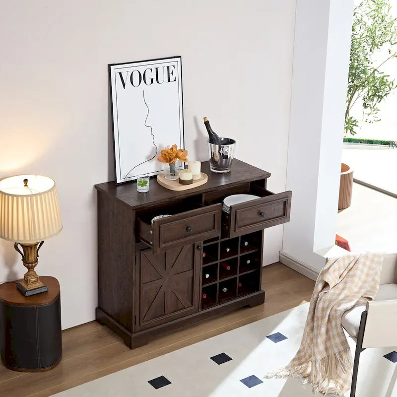 Bahut de buffet de ferme avec rangement, commode avec 2 tiroirs, meuble bar à vin avec étagères de rangement et casiers à vin amovibles