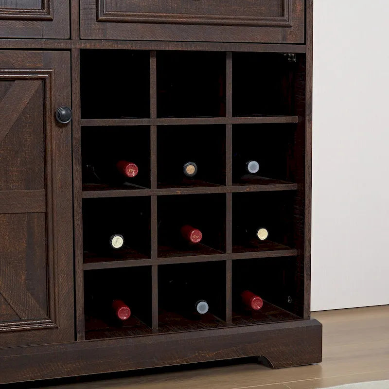 Bahut de buffet de ferme avec rangement, commode avec 2 tiroirs, meuble bar à vin avec étagères de rangement et casiers à vin amovibles