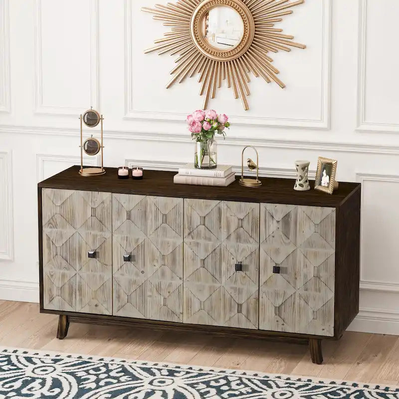 Bahut Vintage à 4 Portes de 152 cm, Meuble de Rangement Autonome
