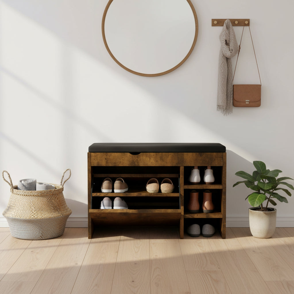 Tabouret à chaussures marron noir, coussin moelleux, doux et confortable, peut être placé dans l'entrée, la chambre et d'autres scènes.
