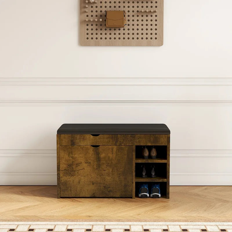 Tabouret à chaussures marron noir, coussin moelleux, doux et confortable, peut être placé dans l'entrée, la chambre et d'autres scènes.