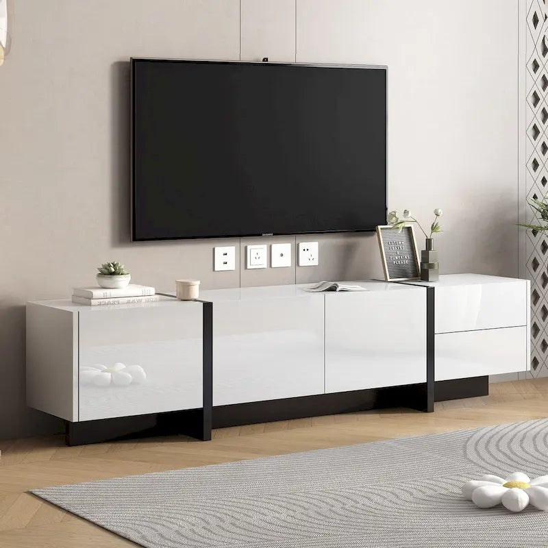 Meuble TV rectangulaire contemporain Siavonce Blanc et Noir – 74.8W x 13.7D x 17.7H