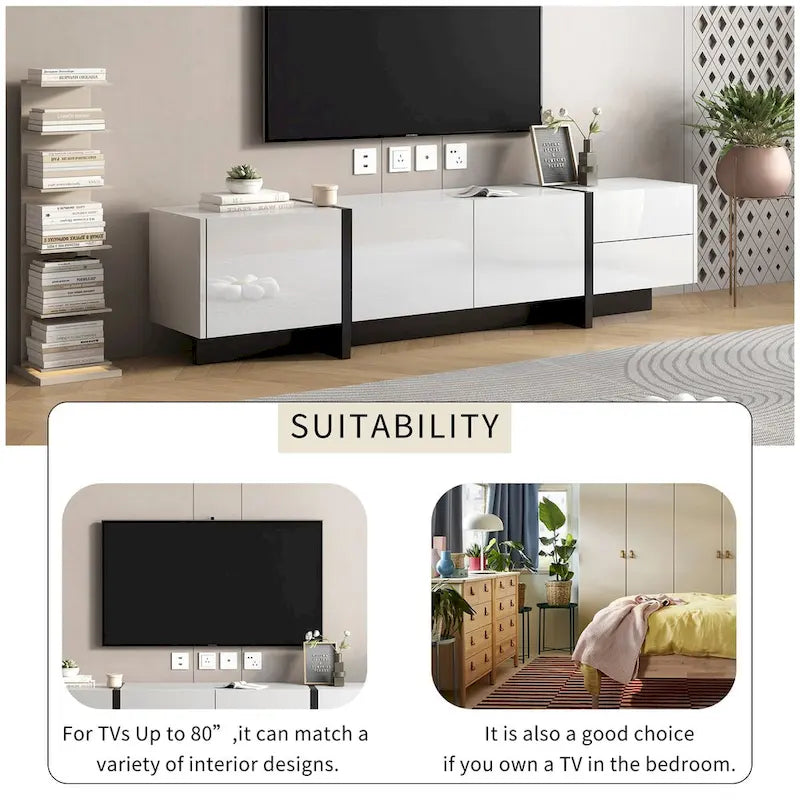 Meuble TV rectangulaire contemporain Siavonce Blanc et Noir – 74.8W x 13.7D x 17.7H