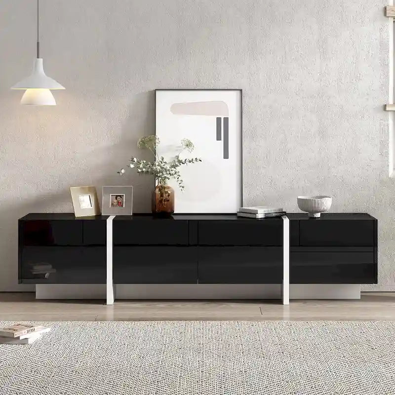 Meuble TV rectangulaire contemporain Siavonce Blanc et Noir – 74.8W x 13.7D x 17.7H