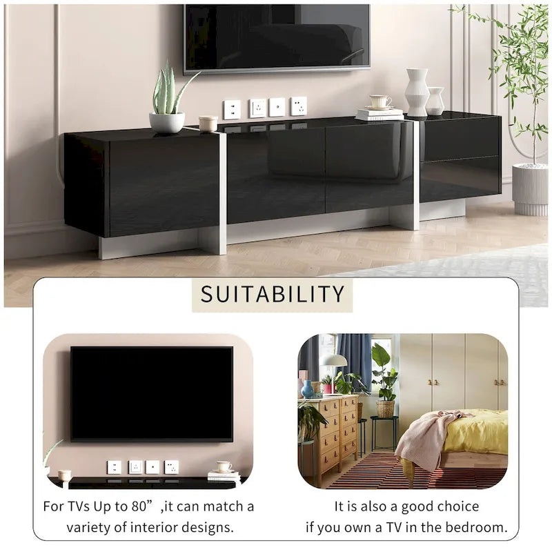 Meuble TV rectangulaire contemporain Siavonce Blanc et Noir – 74.8W x 13.7D x 17.7H