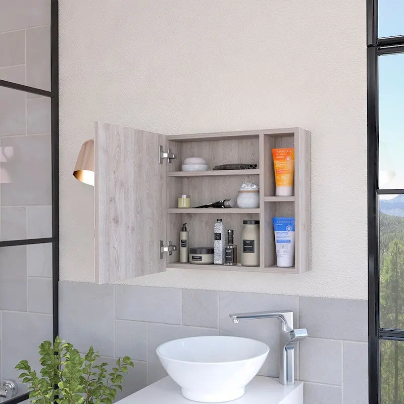 Armoire à pharmacie, trois étagères internes, porte simple, deux étagères externes, finition wengé noir