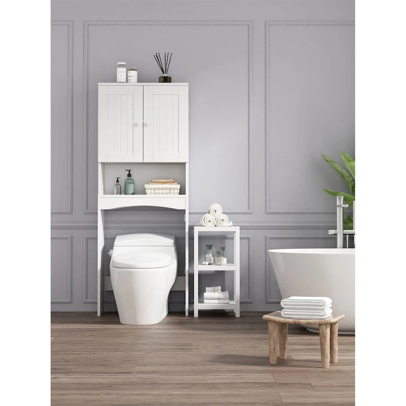 Meuble de rangement blanc à poser au-dessus des toilettes avec étagères