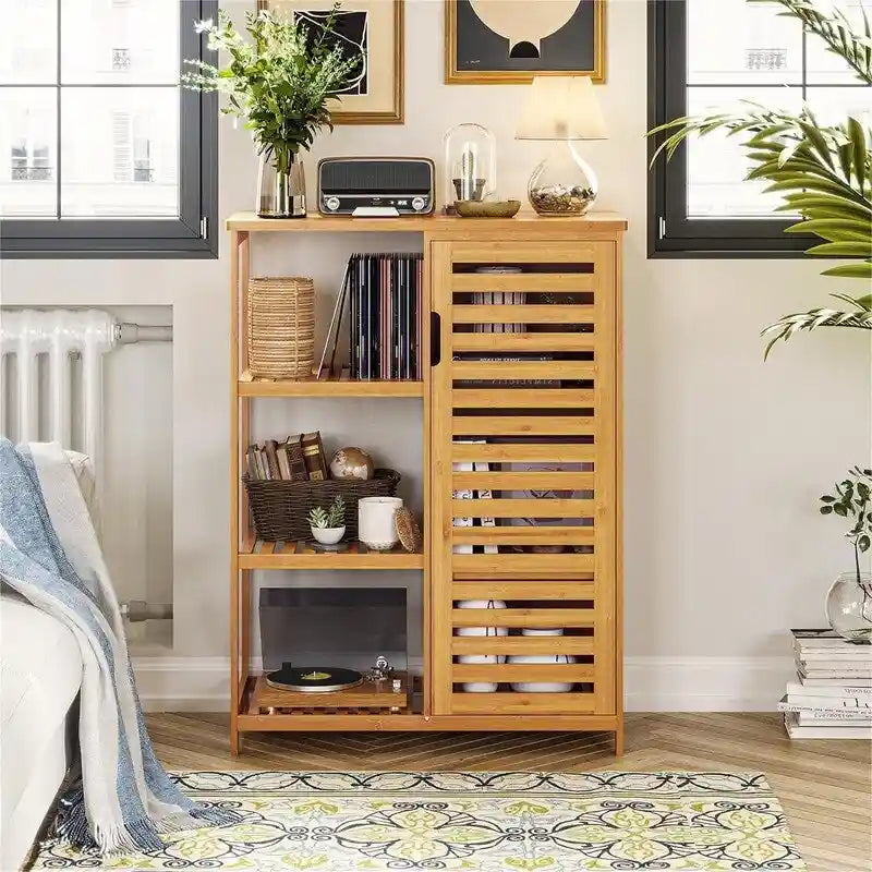 Meuble de salle de bain en bambou avec portes et 3 étagères latérales – 16 cm (P) x 36,5 cm (L) x 91,4 cm (H)