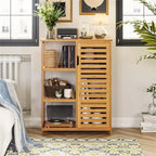 Meuble de salle de bain en bambou avec portes et 3 étagères latérales – 16 cm (P) x 36,5 cm (L) x 91,4 cm (H)