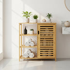 Meuble de salle de bain en bambou avec portes et 3 étagères latérales – 16 cm (P) x 36,5 cm (L) x 91,4 cm (H)