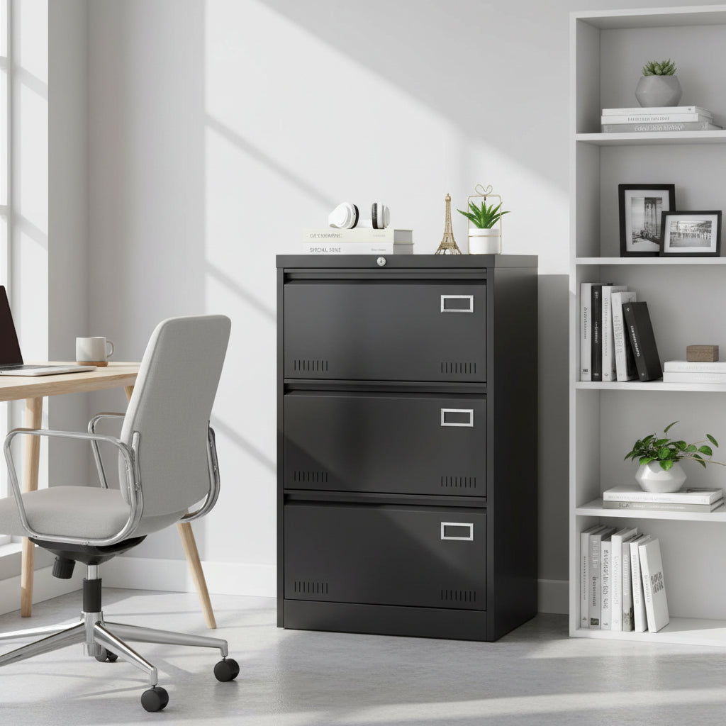 Meuble Classeur Latéral 3 Tiroirs, Classeur Métallique Verrouillable à Trois Tiroirs, Meuble de Rangement de Bureau avec Tiroirs Verrouillables