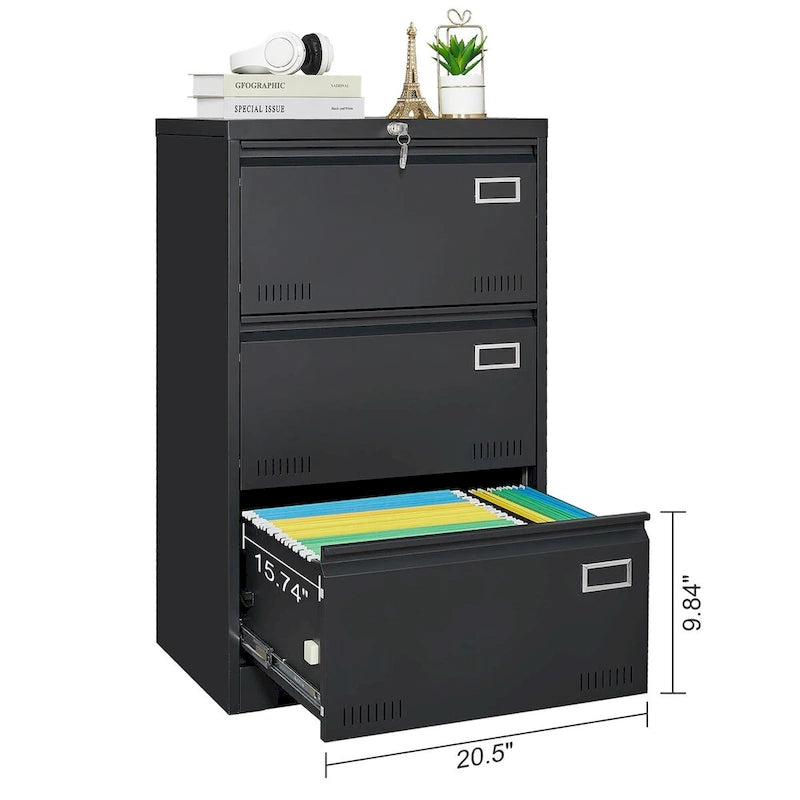 Meuble Classeur Latéral 3 Tiroirs, Classeur Métallique Verrouillable à Trois Tiroirs, Meuble de Rangement de Bureau avec Tiroirs Verrouillables