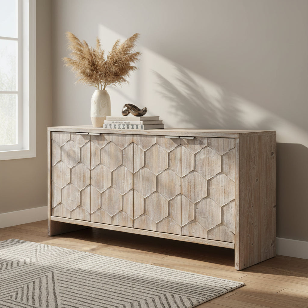 Buffet en bois de style fermette à 4 portes pour salon